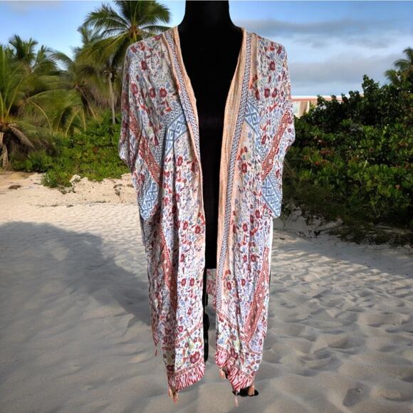 Lucky Brand Womens Kimono One Size Peach Multi Boho Print Beach Coverup Fringe - Picture 5 of 11